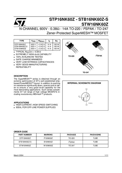 STMicroelectronics STP16NK60Z / STB16NK60Z‑S / STW16NK60Z Datasheet - cover page