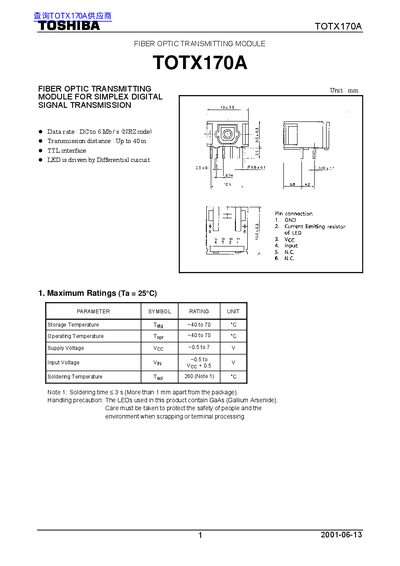Toshiba TOTX170A Fiber Optic Transmitting Module User Manual
