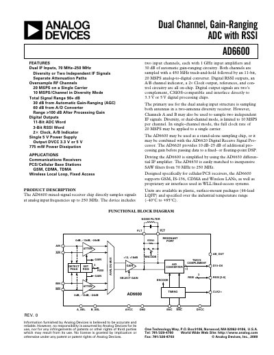Analog Devices AD6600 Mixed-Signal Receiver Chip Datasheet - cover page