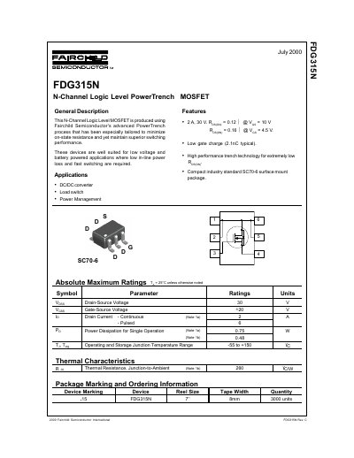 Fairchild FDG315N N-Channel Logic Level PowerTrench MOSFET Datasheet - cover page