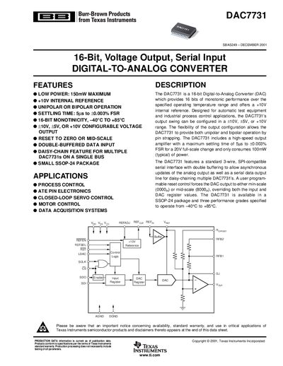 BB DAC7731 16-Bit Voltage Output Serial Input DIGITAL-TO-ANALOG CONVERTER Manual