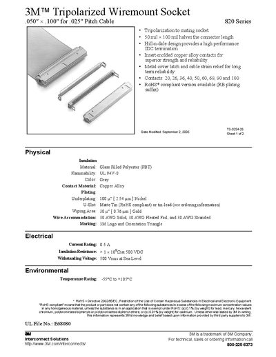 3M 820 Series Tripolarized Wiremount Socket Product Data Sheet - cover page