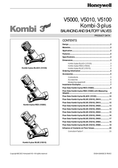 Honeywell V5000/V5010/V5100 Kombi-3-plus Balancing and Shutoff Valves Manual - cover page