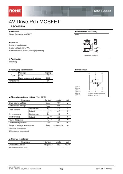 ROHM RSQ015P10 Datasheet - cover page