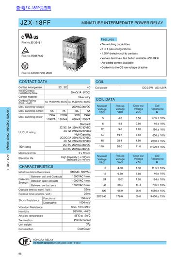 Hongfa JZX-18FF Miniature Intermediate Power Relay Datasheet - cover page