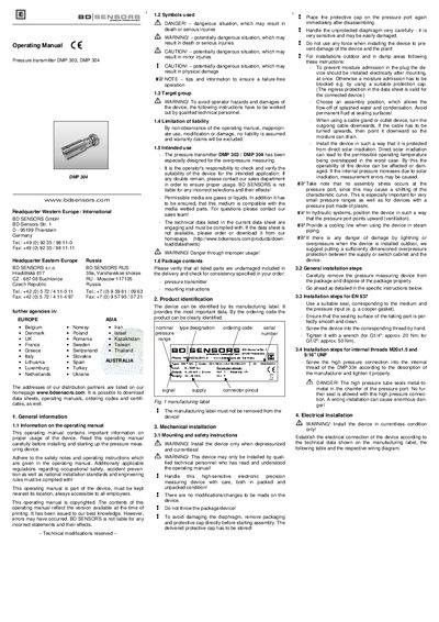 BD Sensors DMP 303 / DMP 304 Pressure Transmitter Operating Manual - cover page