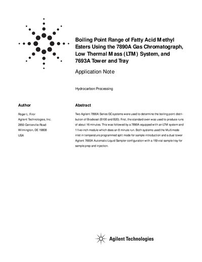 Agilent 7890A/7693A Boiling Point Range of Fatty Acid Methyl Esters Application Note - cover page