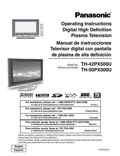 Panasonic TH-42PX500U/TH-50PX500U Plasma Television Operating Instructions - cover page