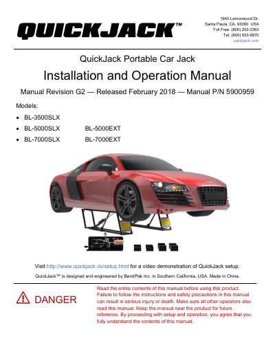 QuickJack Portable Car Jack Installation and Operation Manual - cover page