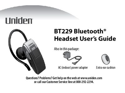 Uniden BT229 Bluetooth Headset User's Guide - cover page