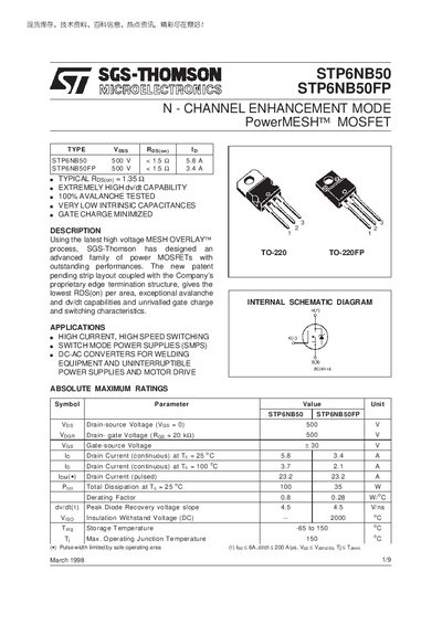 SGS-Thomson STP6NB50/FP Datasheet - cover page