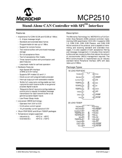 Microchip MCP2510 CAN Controller Data Sheet