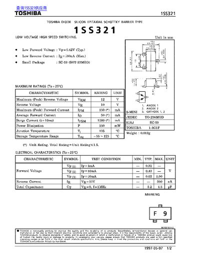 Toshiba 1SS321 Silicon Epitaxial Schottky Barrier Diode Datasheet - cover page