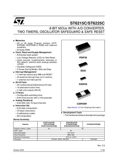 STMicroelectronics ST6215C/ST6225C 8-bit MCU Handbook - cover page