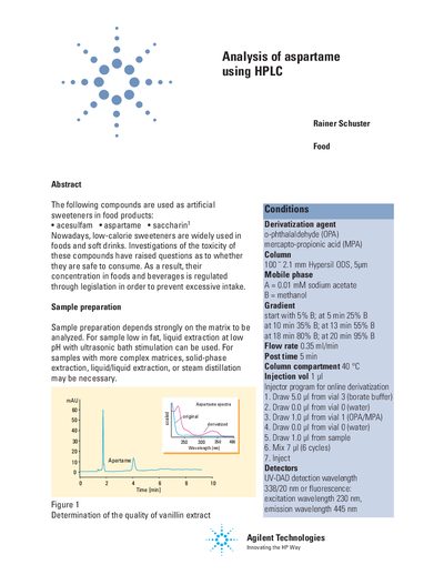 Agilent Analysis of Aspartame Using HPLC Application Note - cover page