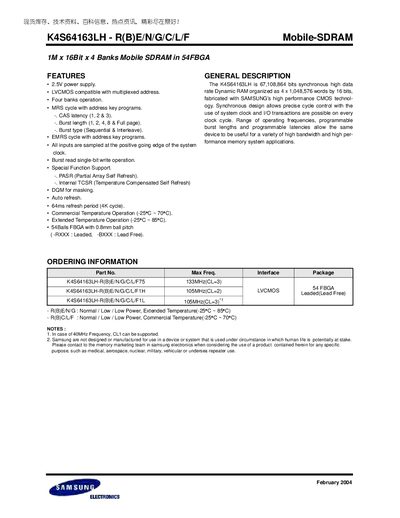 Samsung K4S64163LH Mobile SDRAM Handbook