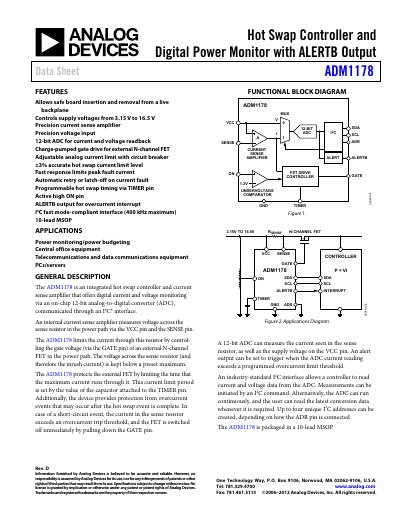Analog Devices ADM1178 Hot Swap Controller and Digital Power Monitor Data Sheet - cover page