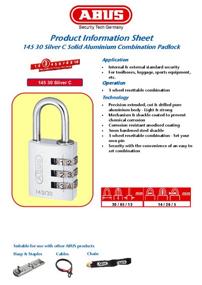 ABUS 145 30 Silver C Combination Padlock Product Information Sheet - cover page