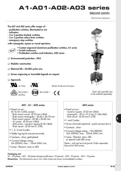 APEM A1-A01-A02-A03 Series Datasheet - cover page