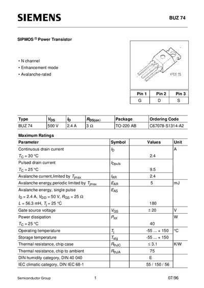 Siemens BUZ 74 SIPMOS Power Transistor Datasheet - cover page