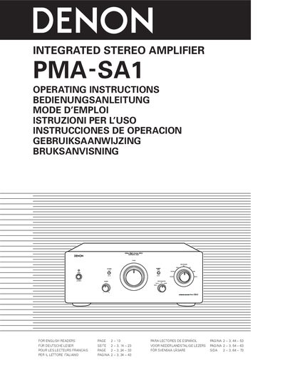 Denon PMA-SA1 Integrated Stereo Amplifier User Manual - cover page