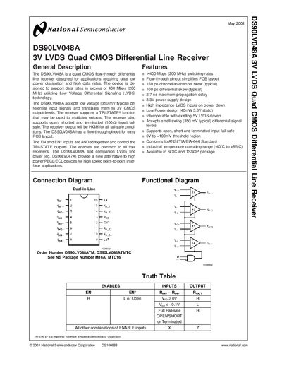 National Semiconductor DS90LV048A 3V LVDS Quad CMOS Differential Line Receiver Datasheet - cover page