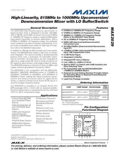 Maxim MAX2029 High-Linearity Upconversion/Downconversion Mixer Datasheet - cover page