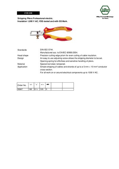 WIHA - Z 55 0 06 Stripping Pliers Professional electric. Insulation 1 000 V AC VDE-tested with GS Mark Manual - cover page