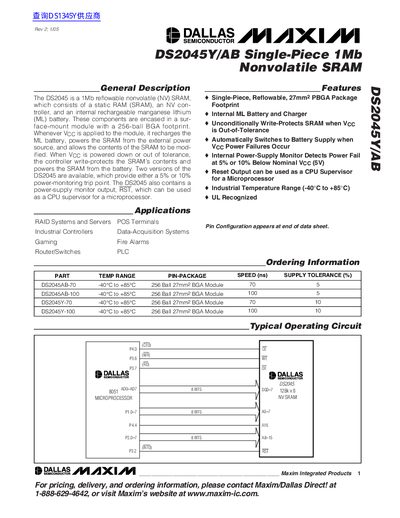 Maxim DS2045Y/AB Single-Piece 1Mb Nonvolatile SRAM Datasheet - cover page