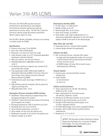 Varian 310-MS LC/MS Product Specifications