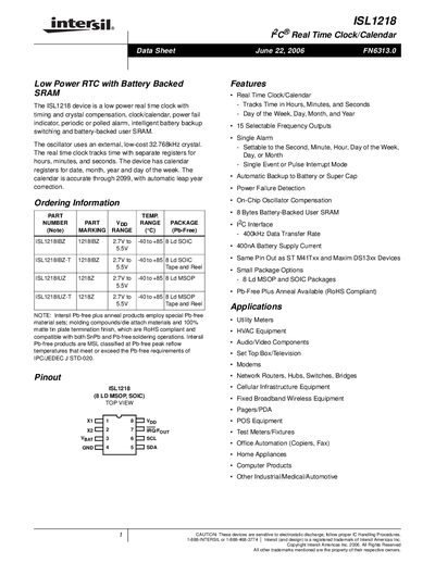 Intersil ISL1218 I2C Real Time Clock/Calendar Datasheet - cover page