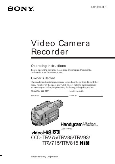 Sony CCD-TRV75/85/93/715/815 Handycam Camcorder User Manual - cover page