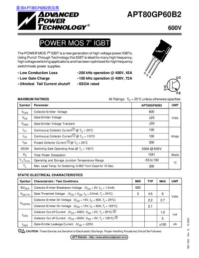 Advanced Power Technology APT80GP60B2 IGBT Datasheet - cover page