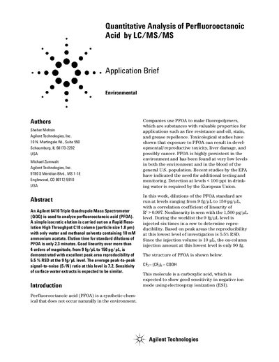 Agilent 6410 Triple Quadrupole Mass Spectrometer Application Brief: Quantitative Analysis of Perfluorooctanoic Acid by L - cover page