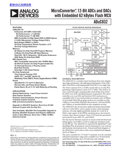 Analog Devices ADuC832 MicroConverter 12-Bit ADCs DACs MCU Datasheet - cover page