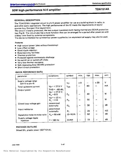 Philips TDA1514A Hi-Fi Amplifier Datasheet - cover page