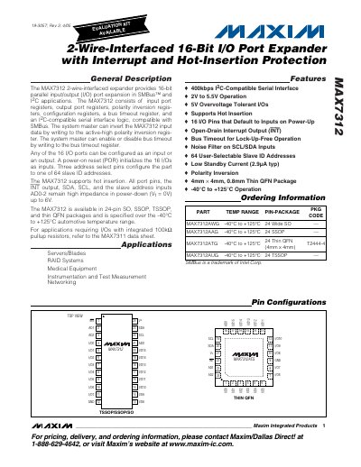 Maxim MAX7312 2-Wire-Interfaced 16-Bit I/O Port Expander Datasheet - cover page
