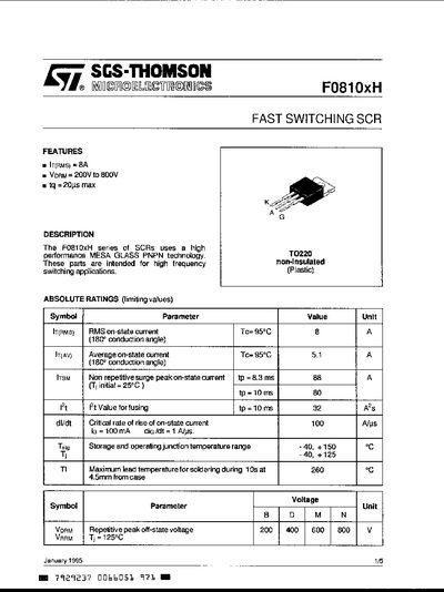 SGS-THOMSON F0810xH Series Fast Switching SCR Datasheet - cover page
