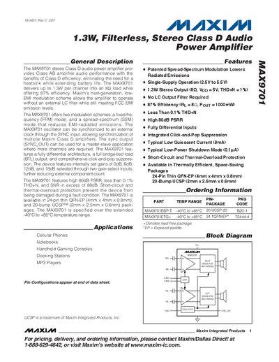 Maxim MAX9701 Class D Audio Power Amplifier Datasheet - cover page