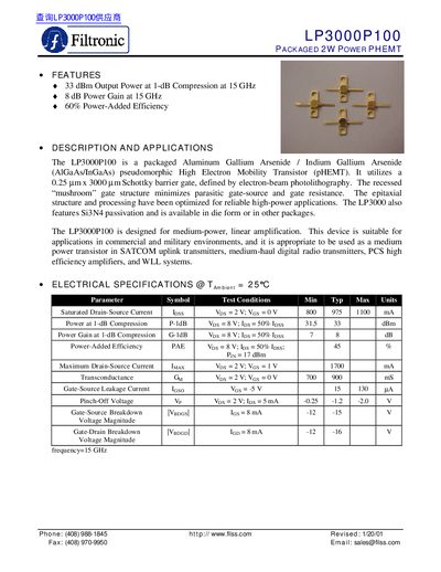 Filtronic LP3000P100 Packaged 2W Power PHEMT Datasheet - cover page