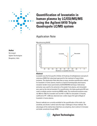 Agilent 6410 Triple Quadrupole LC/MS System Application Note: Quantification of Lovastatin in Human Plasma - cover page