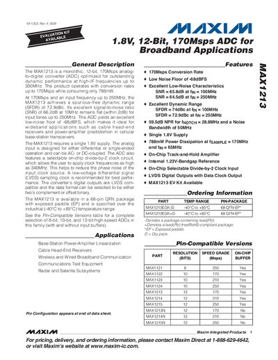 Maxim MAX1213 1.8V 12‑Bit 170 Msps ADC for Broadband Applications Datasheet - cover page