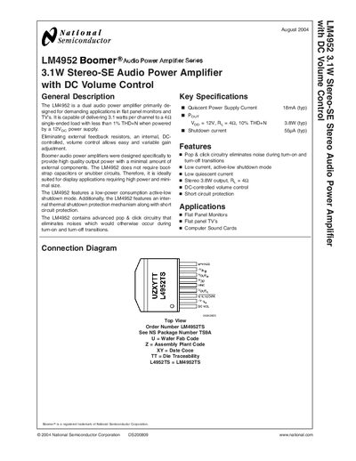 National Semiconductor LM4952 Audio Power Amplifier Datasheet - cover page