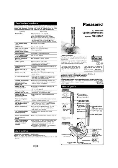 Panasonic RR-US006 IC Recorder Operating Instructions - cover page