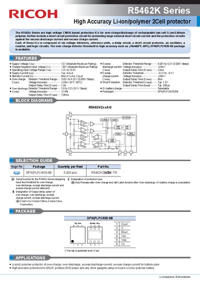 Ricoh R5462K Series High Accuracy Li-ion/polymer 2Cell Protector Datasheet - cover page