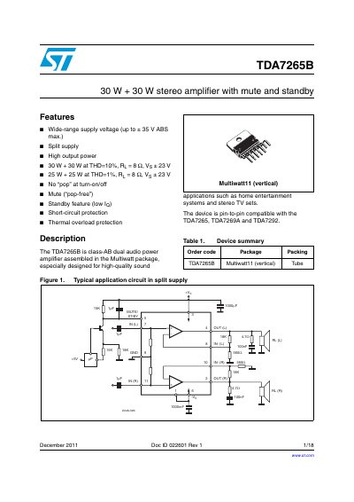 STMicroelectronics TDA7265B 30W+30W Stereo Amplifier Datasheet