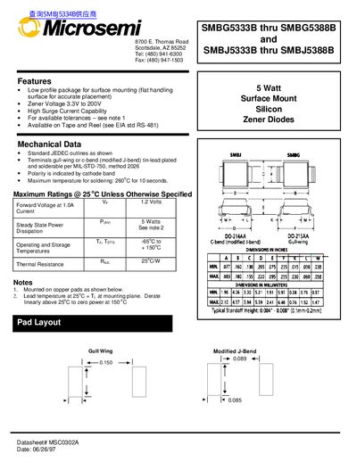 Microsemi SMBG5333B‑SMBG5388B / SMBJ5333B‑SMBJ5388B Zener Diode Datasheet - cover page