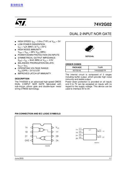 STMicroelectronics 74V2G02 Dual 2-Input NOR Gate Datasheet - cover page