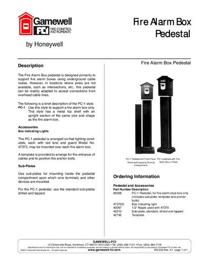Gamewell PC-1 Fire Alarm Box Pedestal Product Data Sheet - cover page
