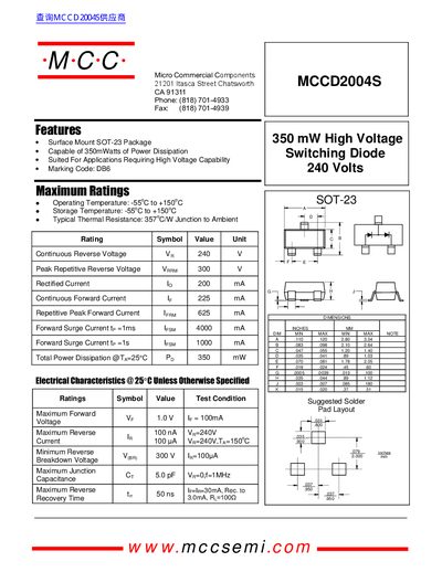 Micro Commercial Components MCCD2004S Surface Mount Switching Diode Datasheet - cover page